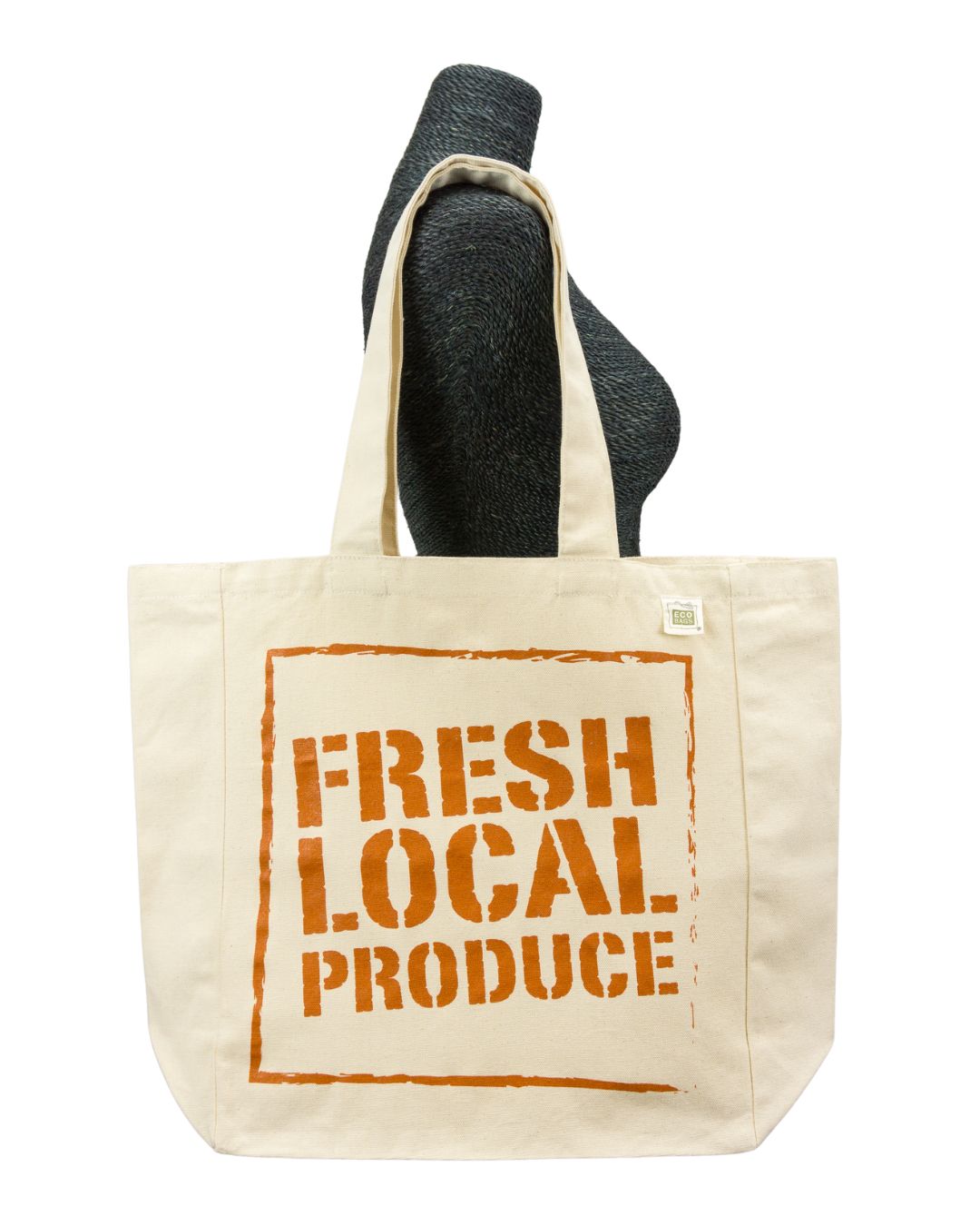 Beige tote bag with 'Fresh Local Produce' text on a white background