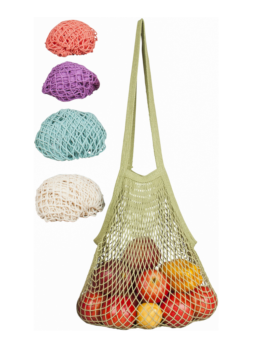 Pastel sage green string bag filled with red apples next to balled up bags of different colors
