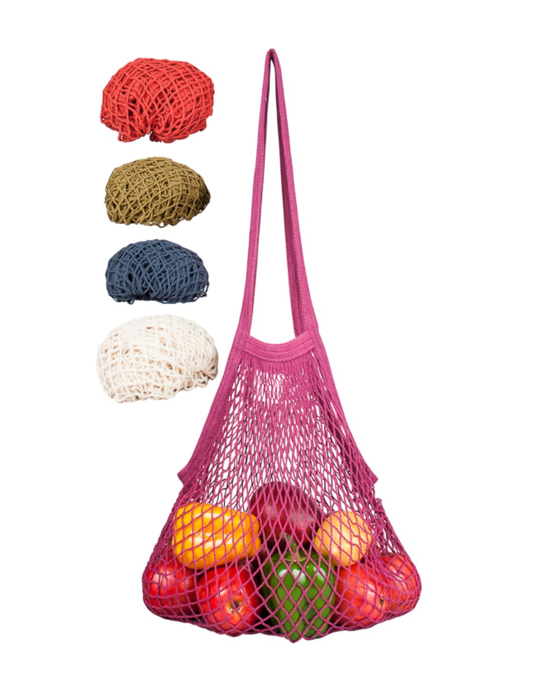 Cranberry earth toned long handle mesh reusable grocery bag filled with different colored produce. Next to it are other earth tone balled up bags.