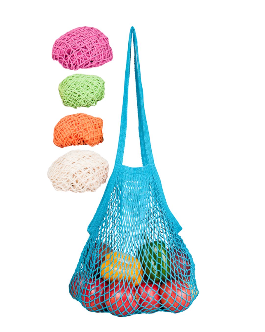 Neon blue long handle reusable string bag filled with produce next to other brightly colored bags on a white background