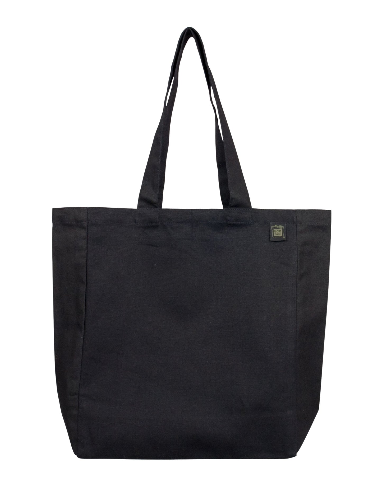 Black tote bag with a visible brand logo on a white background