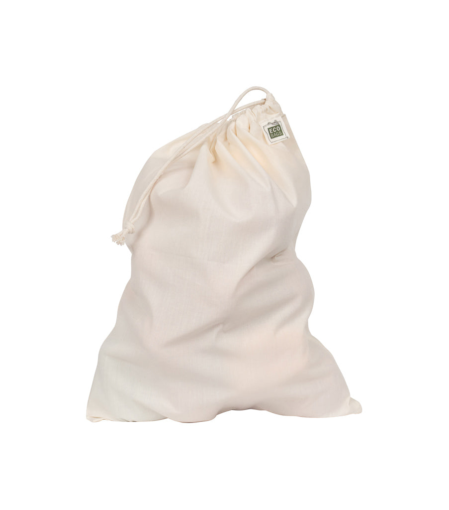 A large, off white, untreated cotton produce bag with a drawstring closure.