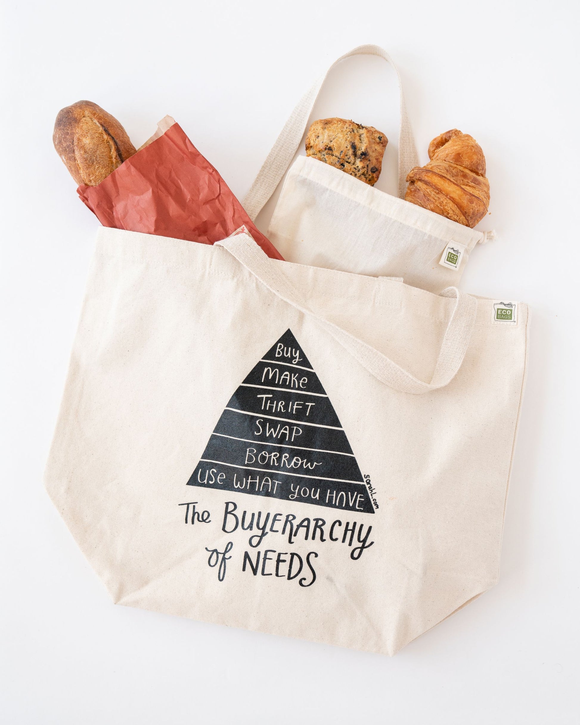 100% Recycled Cotton Canvas oversized tote bag screen printed in black with The Buyerarchy of Needs pyramid by Sarah Lazarovic