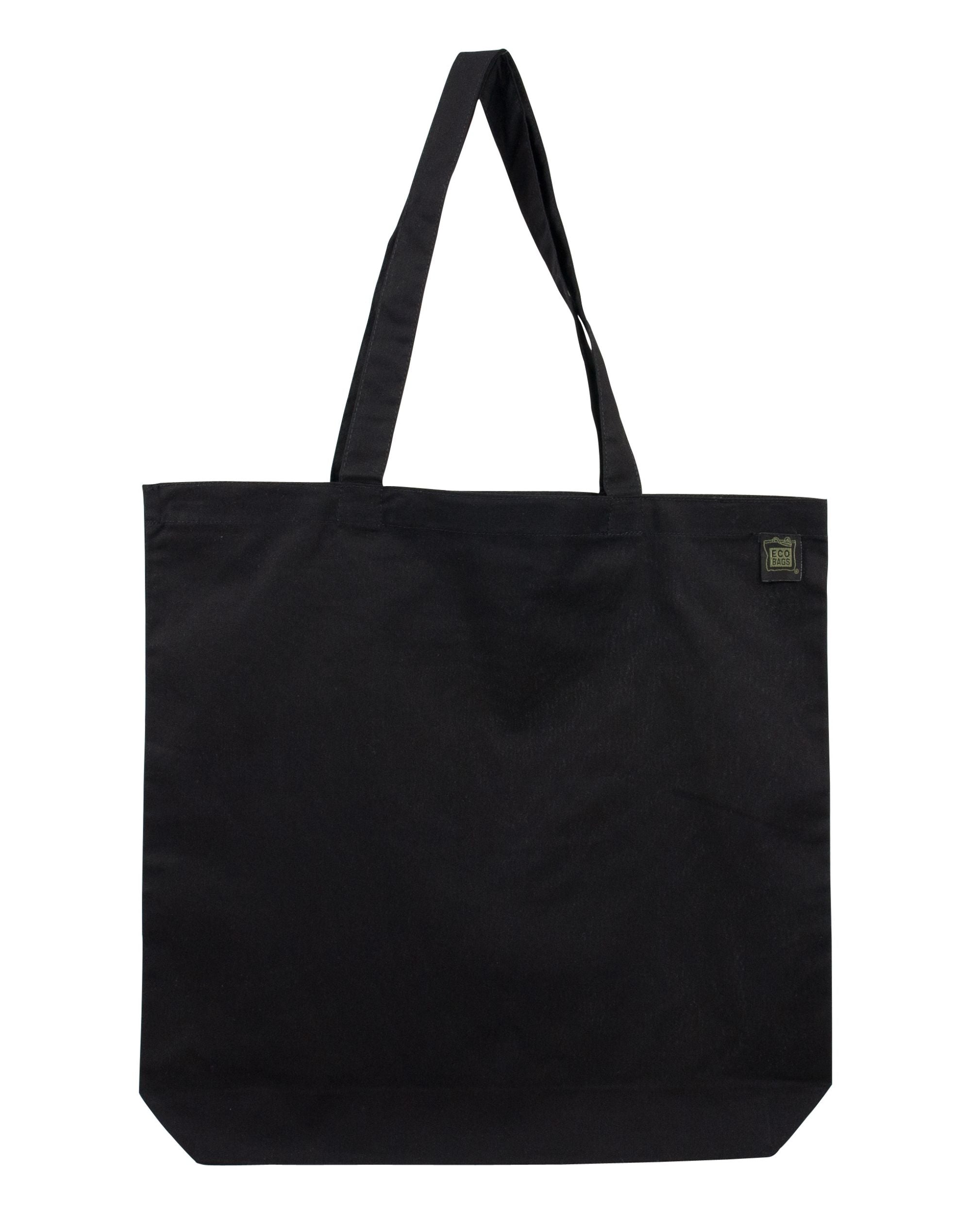 Black tote bag with a visible brand logo on a white background