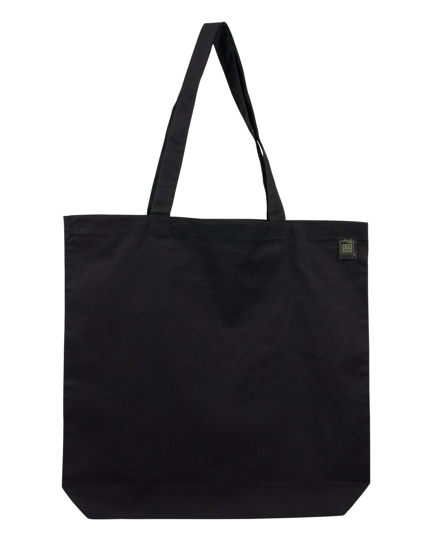 Black tote bag with a visible brand logo on a white background