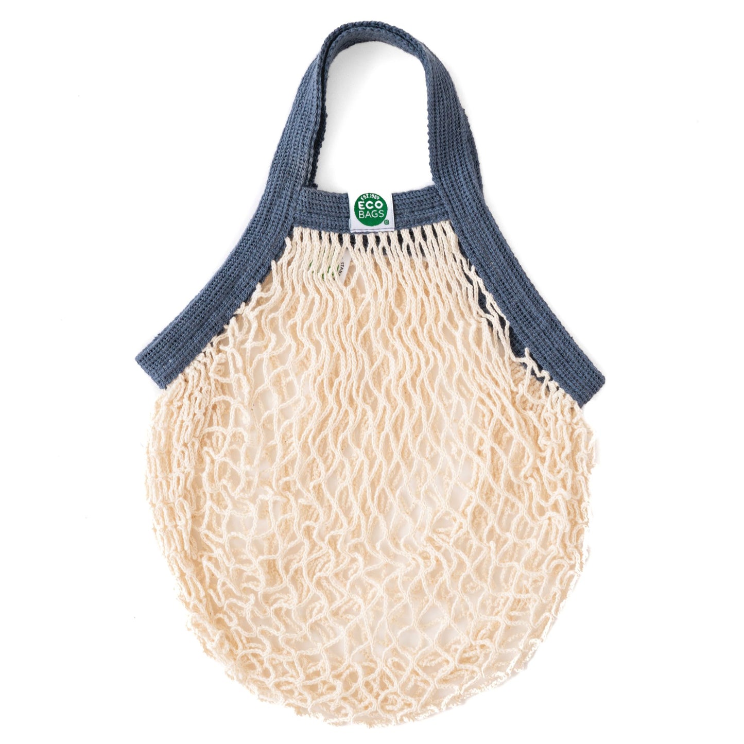A blue and beige mini string bag made of organic cotton, with a small green ECOBAGS logo on the top corner.