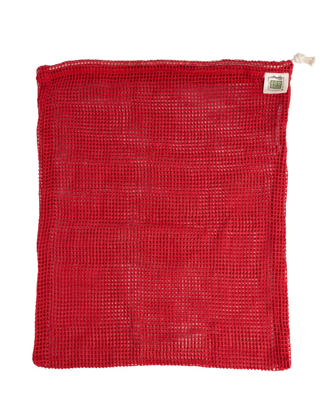 Large red cotton mesh bag laid flat against a white background