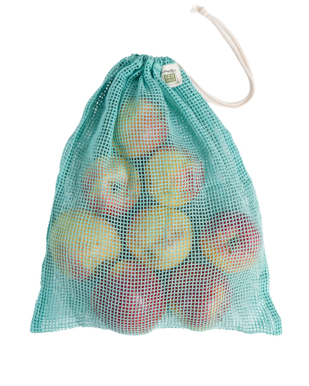 Aqua washed blue mesh produce bag with apples on a white background