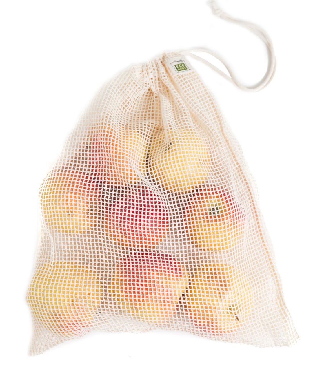 Natural cotton Mesh produce bag filled with apples on a white background