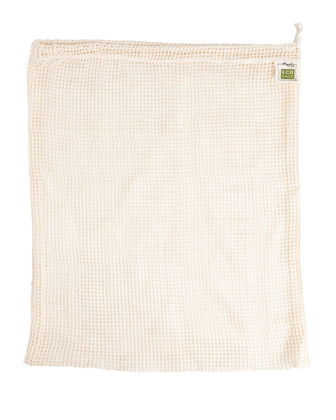 Natural cotton unbleached mesh produce bag laid flat against a white background