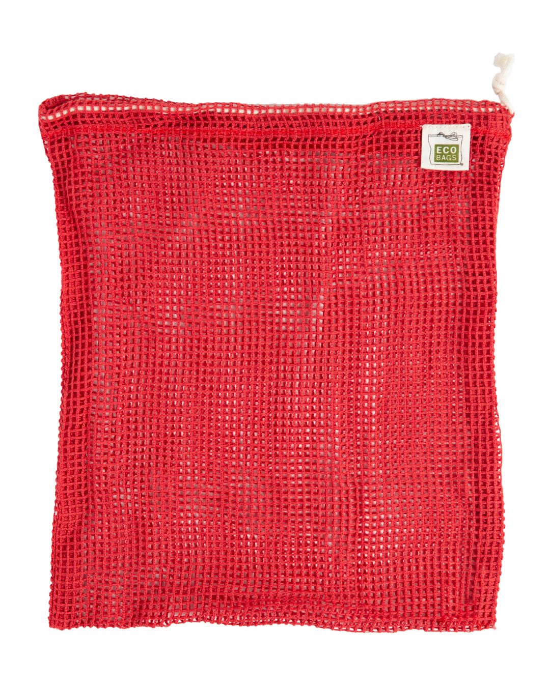 Red mesh bag with a visible ECOBAGS brand label on a white background