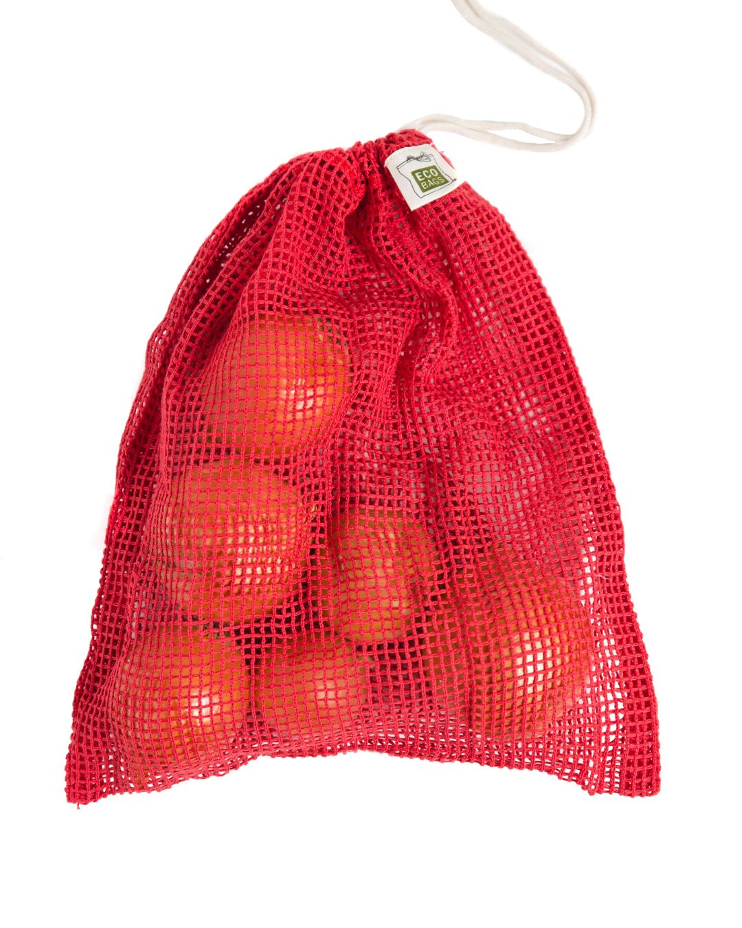 Red mesh bag with oranges on a white background