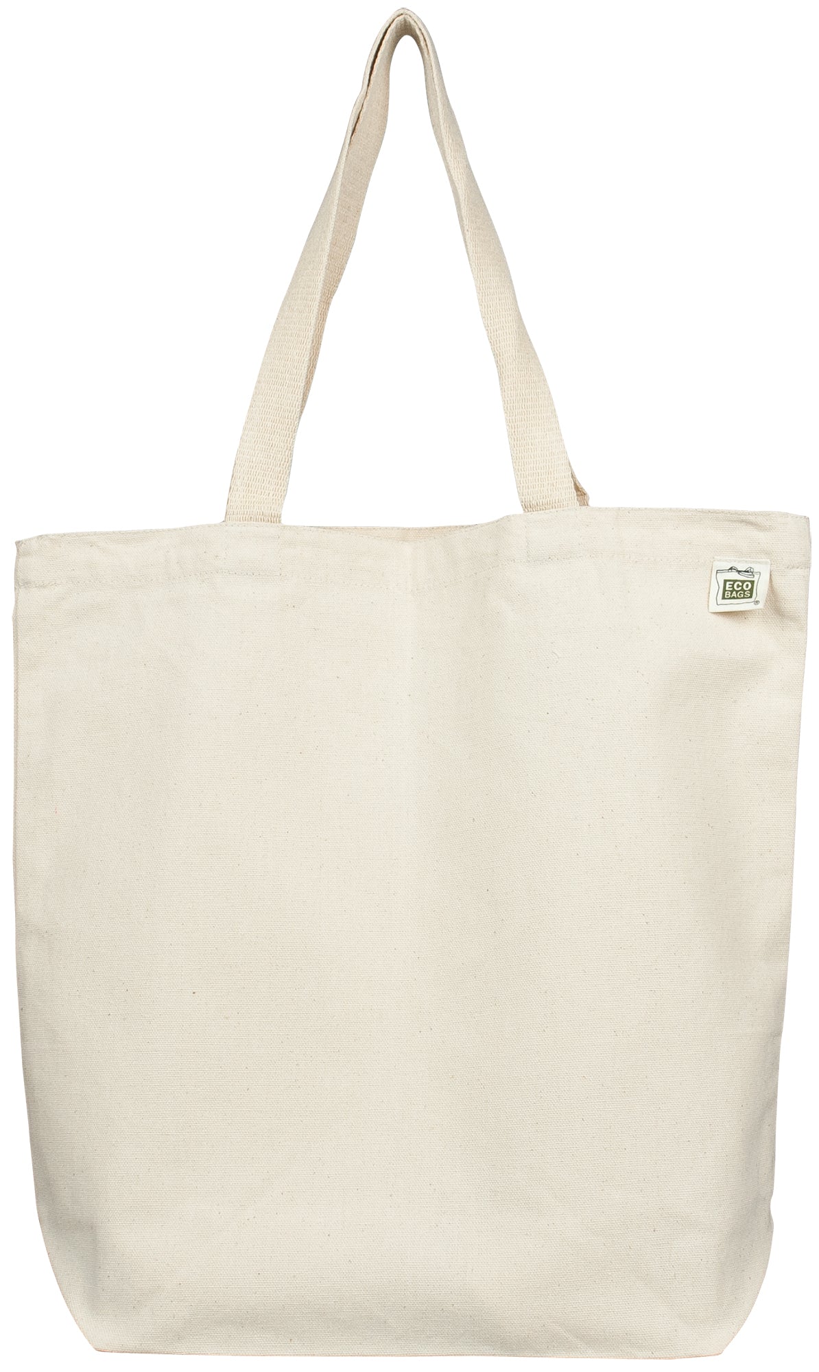 Natural colored organic book tote bag against white background