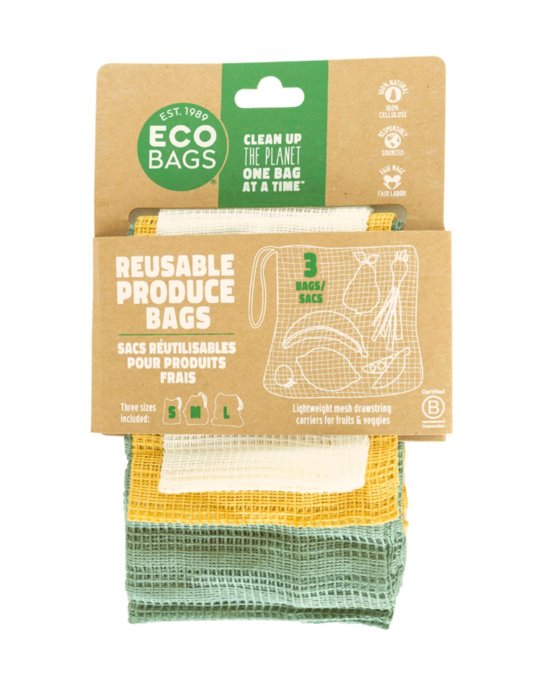 3 Pack of reusable cellulose produce bags with recyclable packaging on a white background