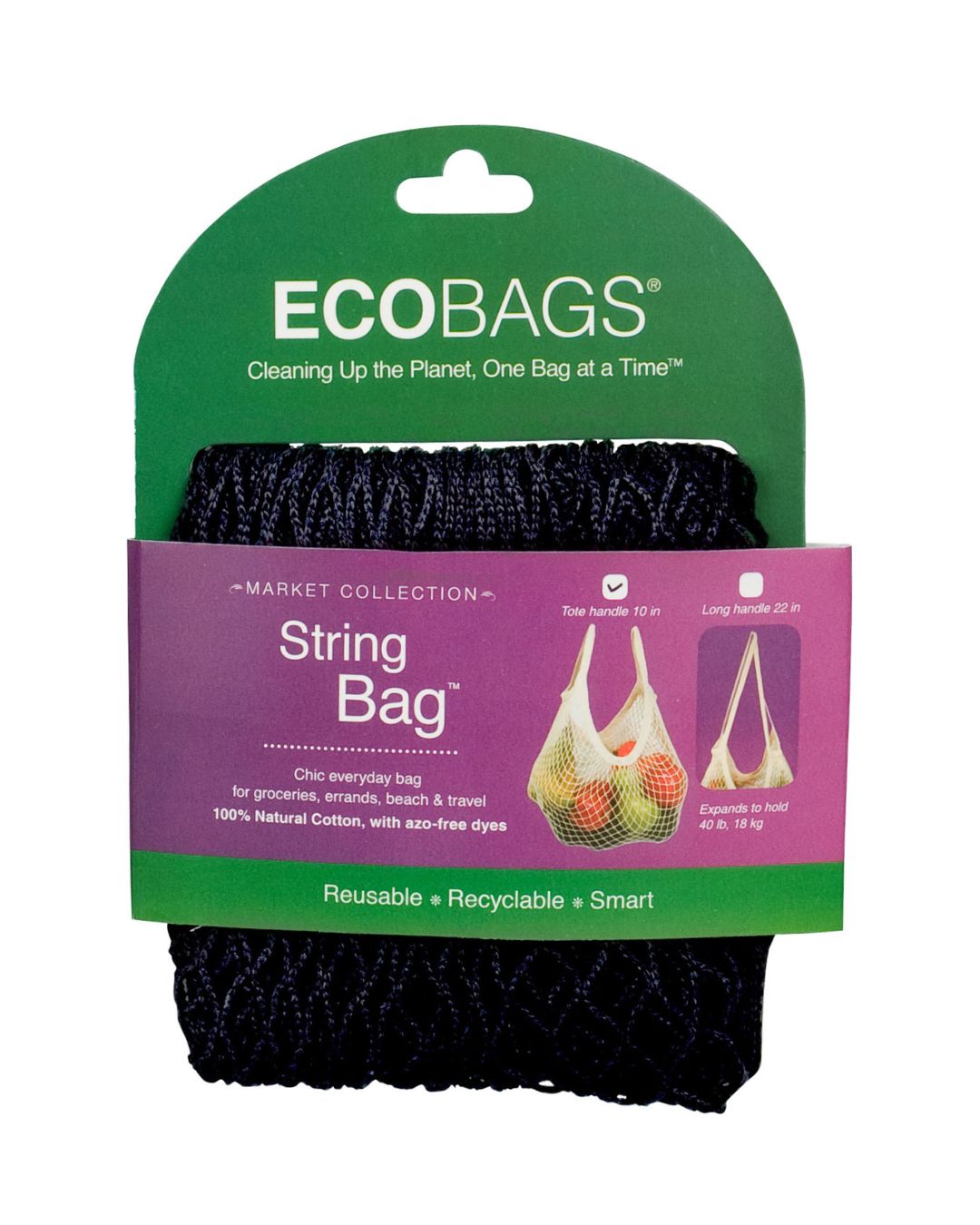 Black string net bag with green and purple packaging featuring ECOBAGS branding.