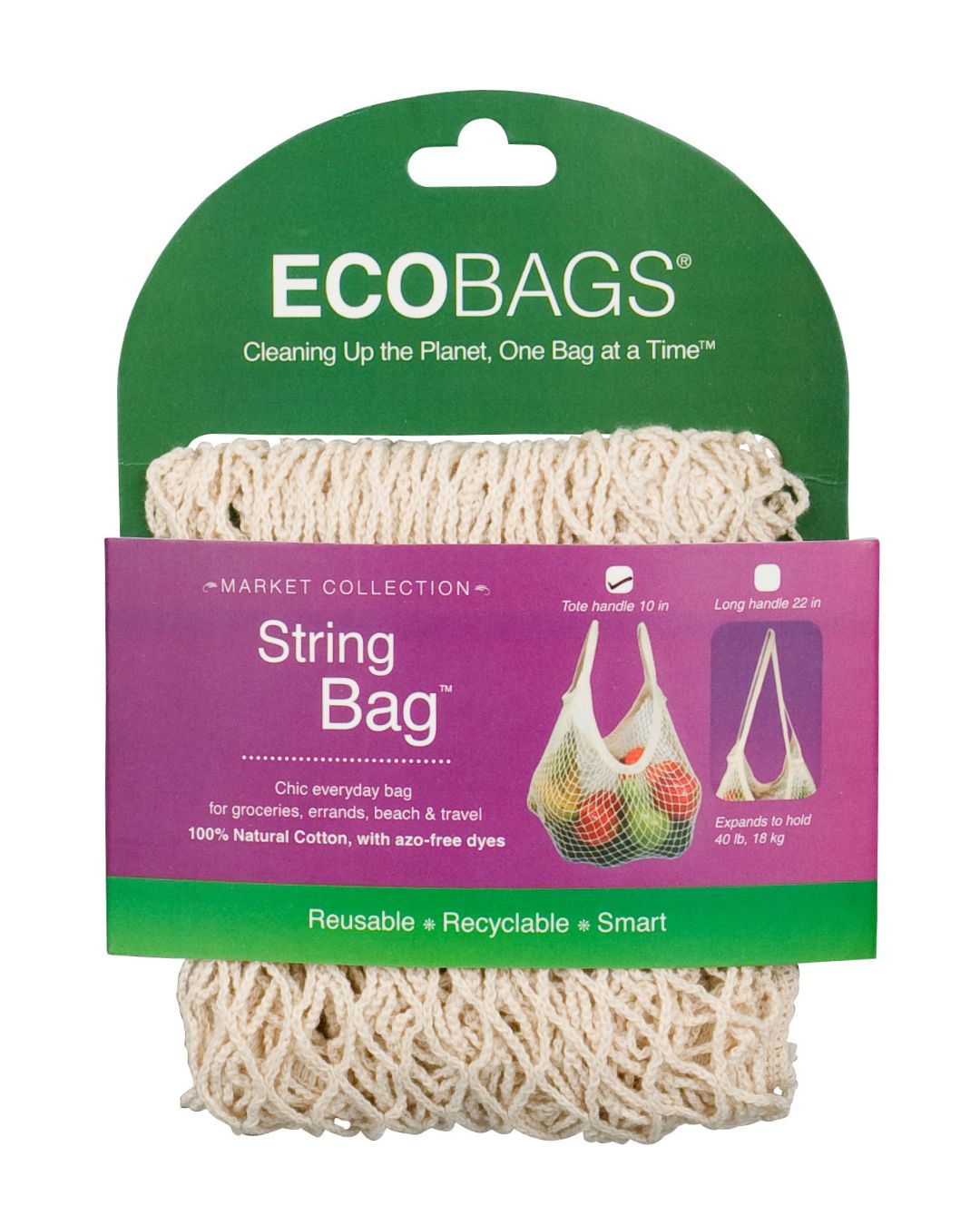 natural cotton string net bag with green and purple packaging featuring ECOBAGS branding.