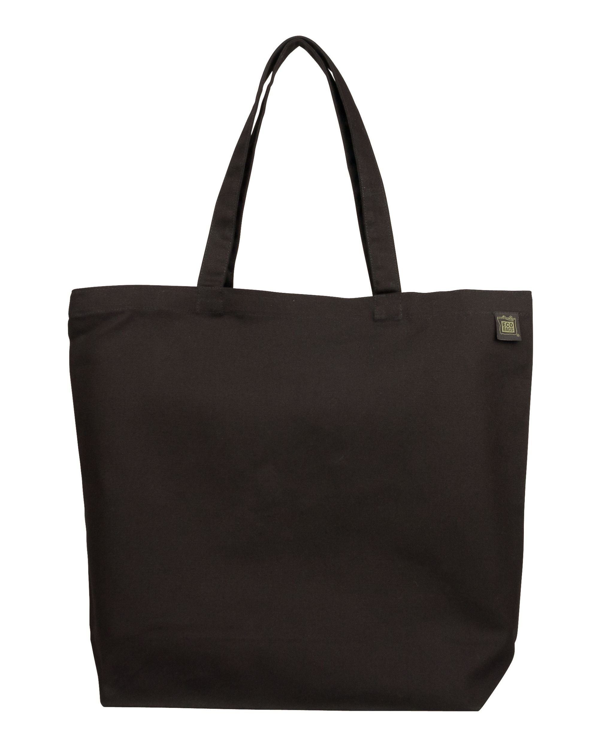Black natural cotton canvas large tote bag with a visible ECOBAGS logo on a white background