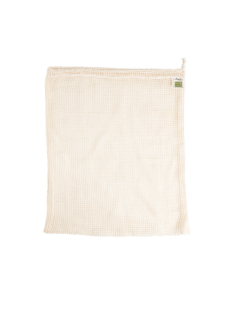 A natural cotton mesh bulk bag laid flat against a white background