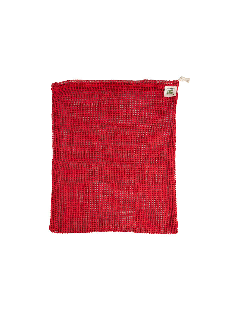 A bright red mesh bulk bag lays flat against a white background