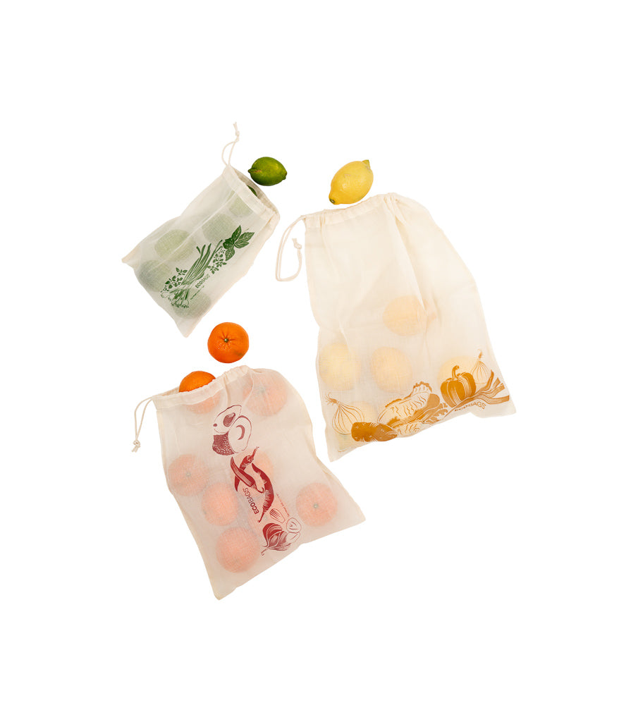 Organic Cotton Printed Reusable Produce Bags - 3 Pack.