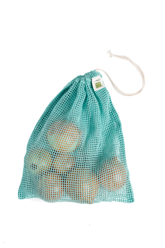 A light aqua, washed blue ecobags mesh produce bag contains a few small onions and is tied at the top with a drawstring closure